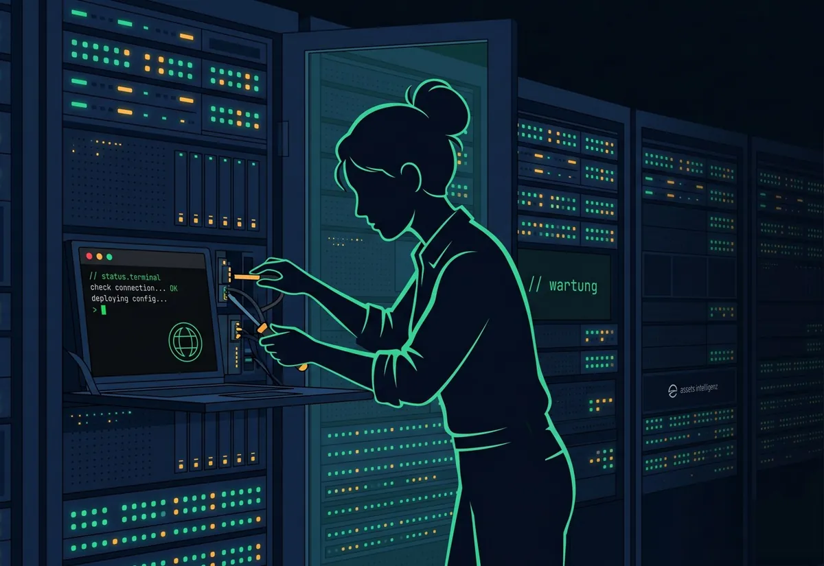 Illustration: Person arbeitet an einem Server-Rack im Maschinenraum